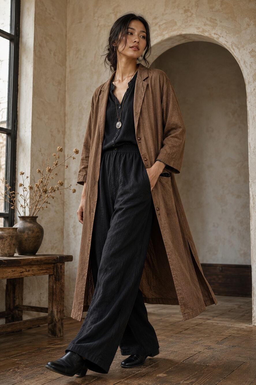 Brown Longline Duster Blazer Jacket Cotton Rayon Lagenlook Size Large